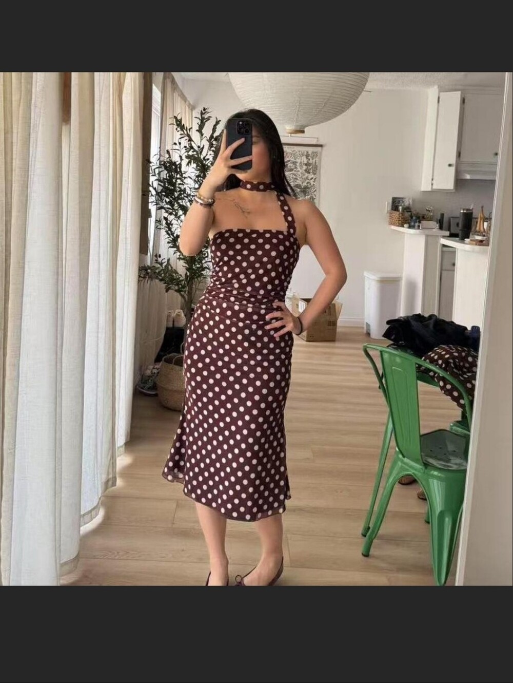 Cider Polka Dot Halter Midi Dress - Brown